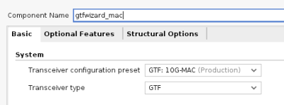 GTF Wizard selection for 10Gbps Transceiver MAC Mode Configuration