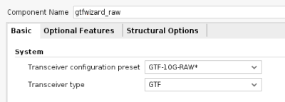 GTF Wizard selection for 10Gbps Transceiver RAW Mode Configuration