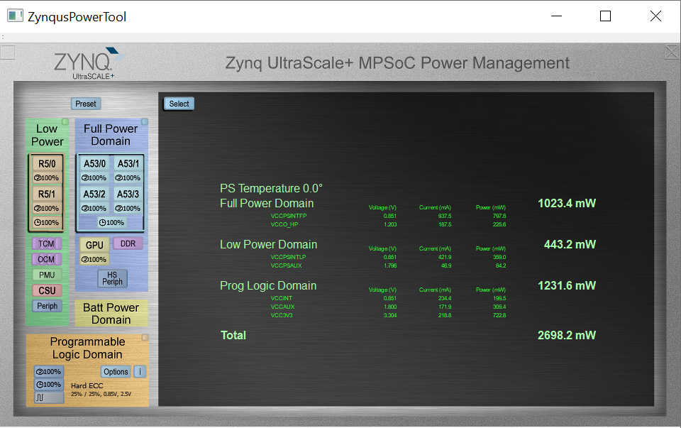 Machine generated alternative text: ZynqusPowerTool ZYNQ% ultra-SCALÉ+ x Zynq UltraScale+ MPSoC Power Management Socct Low Power R5/O R511 09MUl CSU Periph I ±Full Power Domain A53/O A5311 •103% 9103% A5312 - A53/3 •103% 9103% Periph Batt Power Domain PS Temperature 0.00 Full Power Domain VCCO HP Low Power Domain Prog Logic Domain Total 1023.4 mW 443.2 mW 1231.6mW 2698.2 mW Programmable Logic Domain 0103% • Hard Ecc 25%, am', 2_5v
