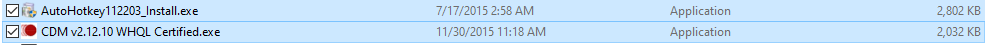 Machine generated alternative text: AutoHotkey1122D3 Install.exe Z] • WHQL Certlfied.exe 7/17/2015258 AM 11/30/2015 11:18 AM Application Application 2802 KB 2032 KB