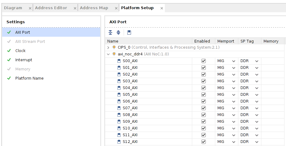 [Vivado Platform Setup]: axi_noc_ddr4 AXI Slave